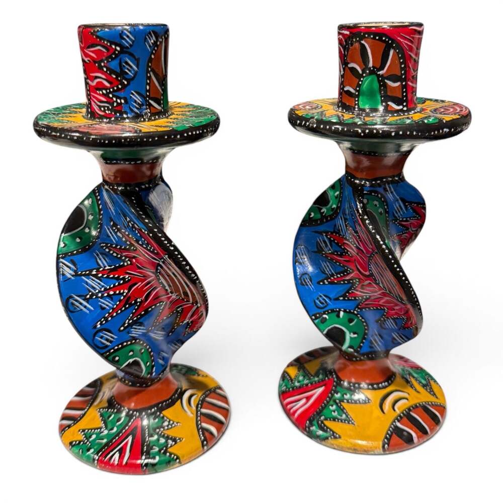 Hand Painted Mexican Talavera Style Spiral Clay Candlestick Holders - Set of 2